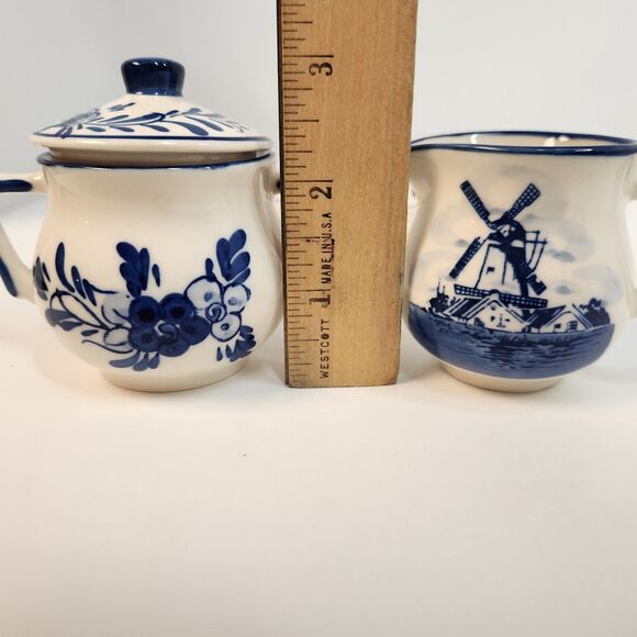 Delft Blue Mini Ceramic Creamer, Covered Sugar Bowl w/Tray Hand Painted 3 Pc Set - Picture 12 of 16